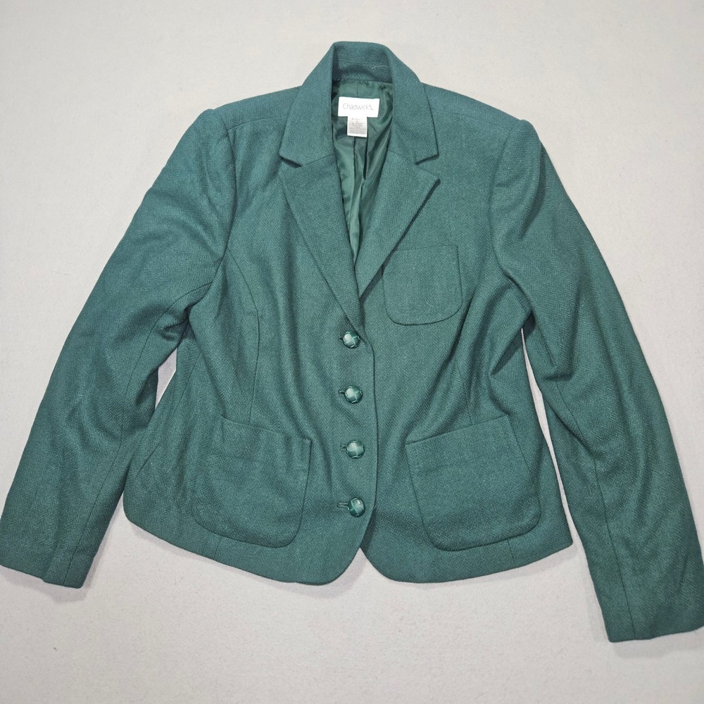 VTG Chadwick's 90s Wool Blazer Skirt Set Green Navy Plaid Sz 16 - Picture 2 of 10